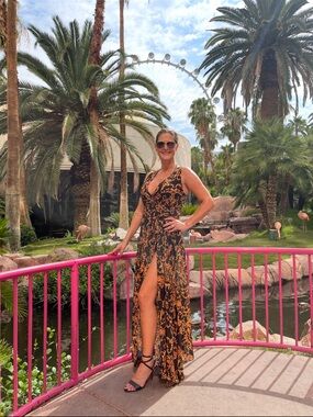 Alice + Olivia Dita Maxi Dress Black Gold Baroque Silk Blend Slit Gown